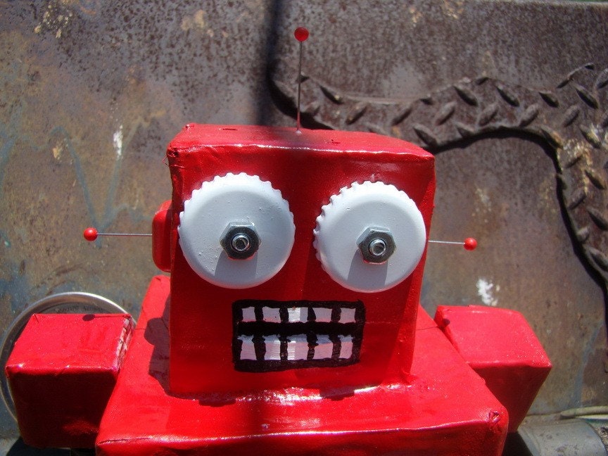 red paper mache robot bank SALE