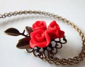 Vintage Style Red Rose Necklace - Polymer Clay