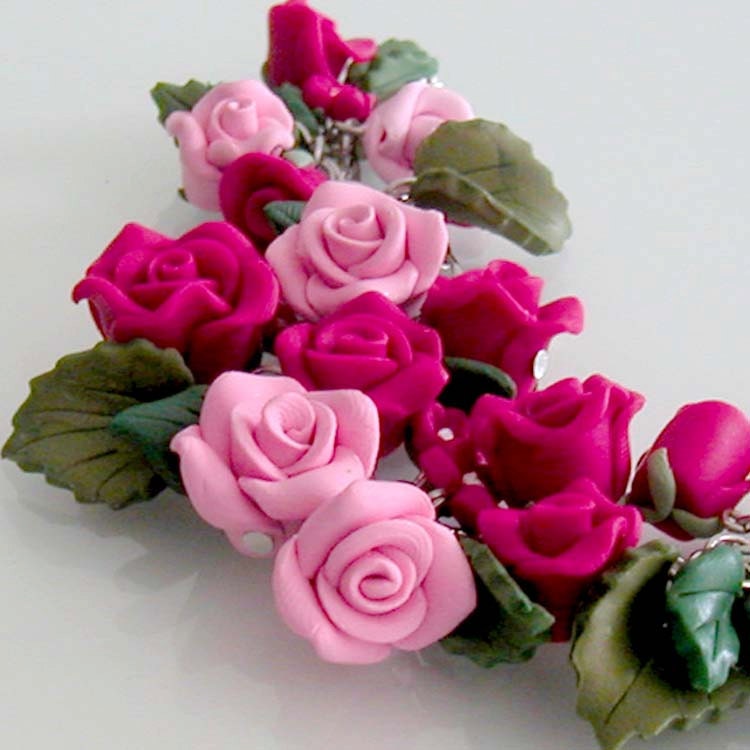 Pink Rose Garden Bracelet - Polymer Clay