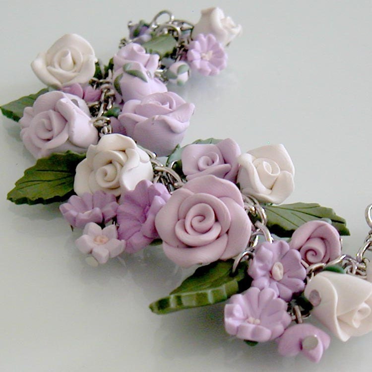 Lavender Passion Rose Charm Bracelet - Polymer Clay