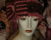 Womens Headband Hat Pink and Brown Chenille Bow Pin Flapper Bandeau