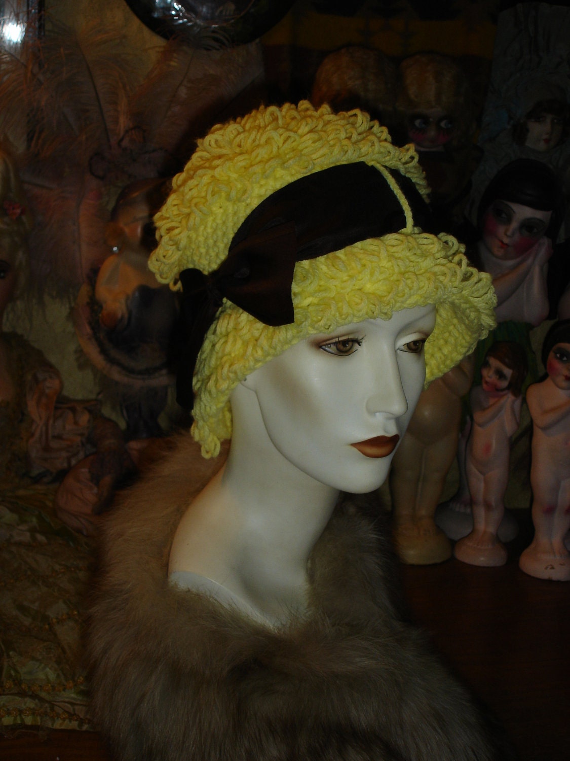 Womens Flapper Hat Cloche Crocheted Yellow Poodle Bucket Style SPECIAL PRICE