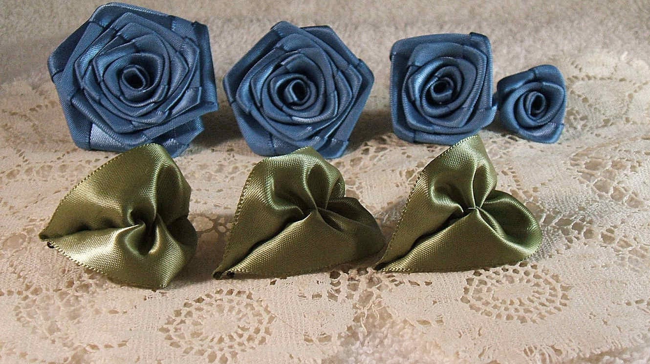 Ribbon Roses,Handmade Quality Set of 4,Antique Blue, XL,LG,Med,Small