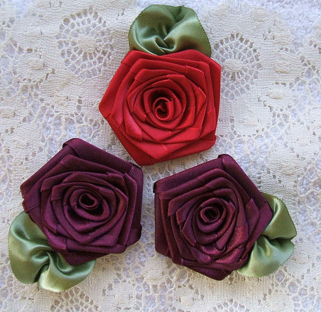 Handmade Ribbon Roses 3 XL Victorian in Burgundywine & Red