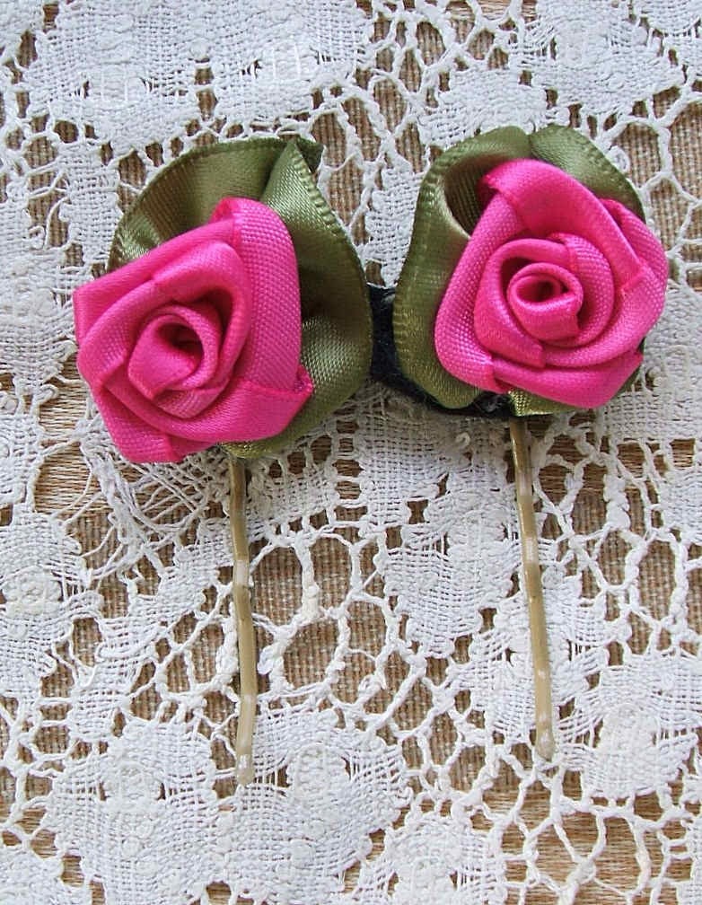 Ribbon Rose Hair Pins Handmade Hot Pink, Flowergirl, Ladies