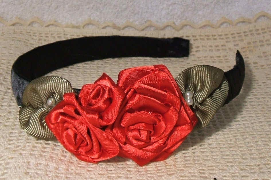 Hair Band/Headband Victorian Ribbon Rose Elegant Black Red