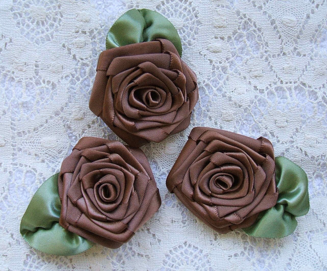 3 XL Handmade Ribbon Roses in Chocolate, Appliques