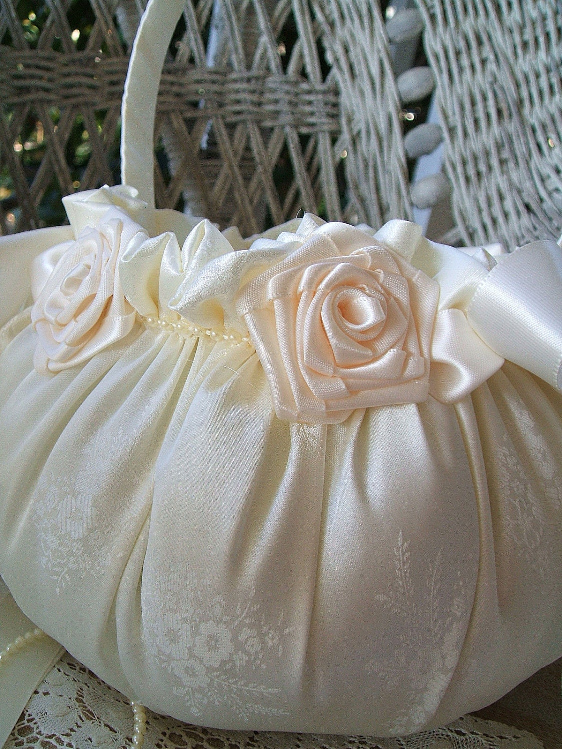 Flower Girl Basket Wedding HANDMADE Flowergirl in White or Ivory VICTORIA - RoseGardenStitches