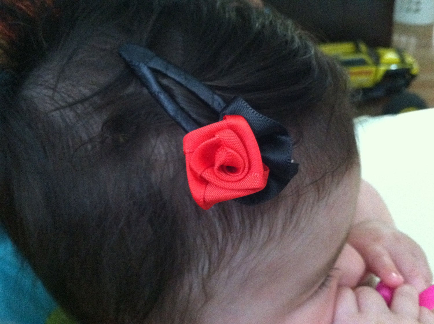 Hair Clips Handmade 2 Ribbon Rose Red on Black
