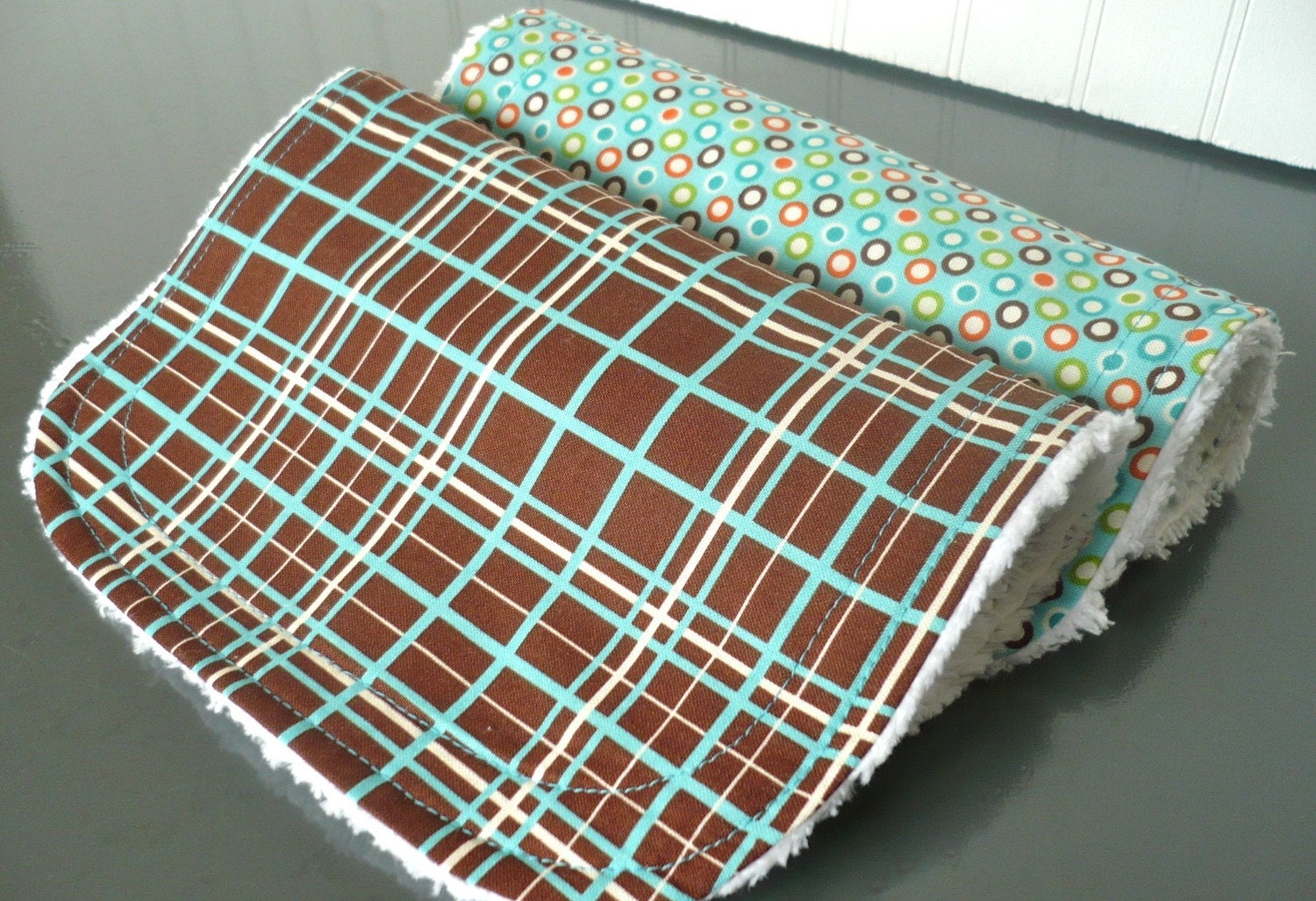 Set of 2 Chenille Burp Cloths....Coordinating Teal and Brown