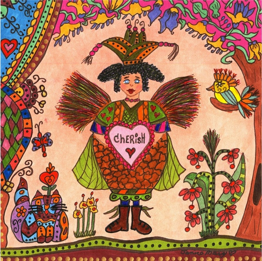 Fairy Print Folk Art Whimsical CHERISH, Fantasy, Fairytale, Magic, Kitty Cat, Vibrant, Colorful, Butterfly, Bird, Enchanted, Flowers, Retro