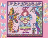 Fairy Print Embellished Inspire Whimsical Folk Art, magic, dragonfly, butterflies, fantasy, enchantment,  vibrant colors, flowers, bird