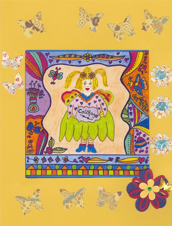 Fairy Print Folk Art Whimsical Embellished COURAGE, Magic, Fantasy, Fairytale, Enchanted, Bird, Butterfly, Flowers, Vibrant, Colorful