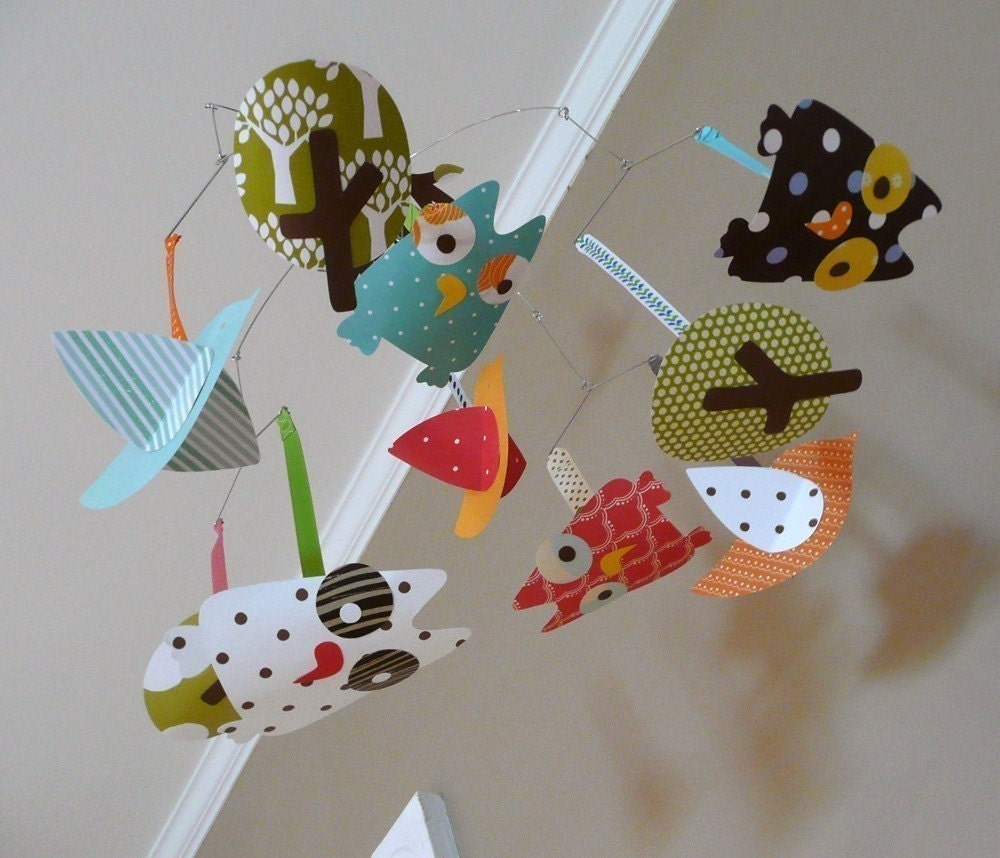Owl and Bird Mobile, baby mobile, owl mobile, custom baby mobile, modern nursery art, modern mobile, custom baby gift, woodland mobile