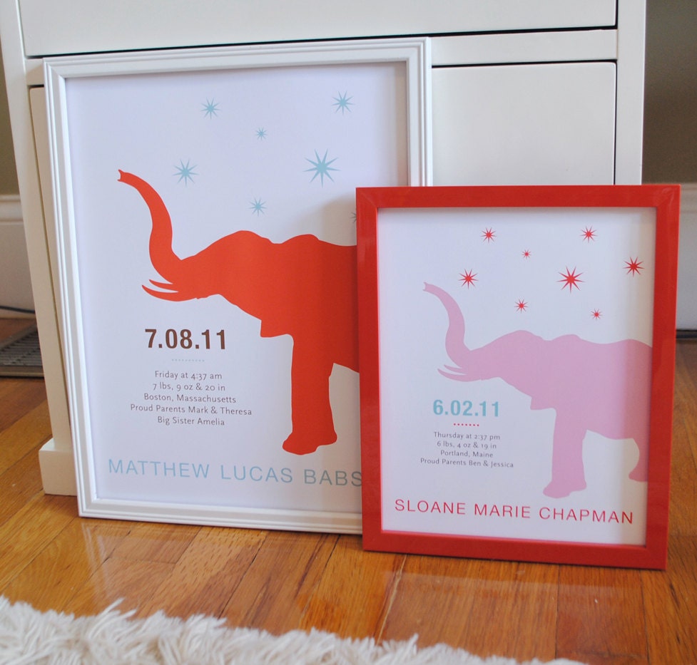 Elephant Birth Date modern nursery art print poster custom - 8x10