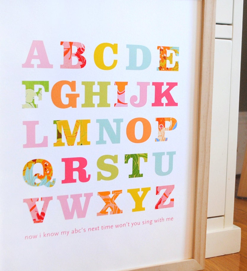 Patterned Alphabet Print Girl modern graphic nursery wall art poster - ready to ship - 11x14