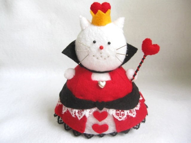 Alice in Wonderland The Queen of Hearts Inspired Cat Pincushion cute felt kitty cat collectable or gift for animal lover...MADE-TO-ORDER