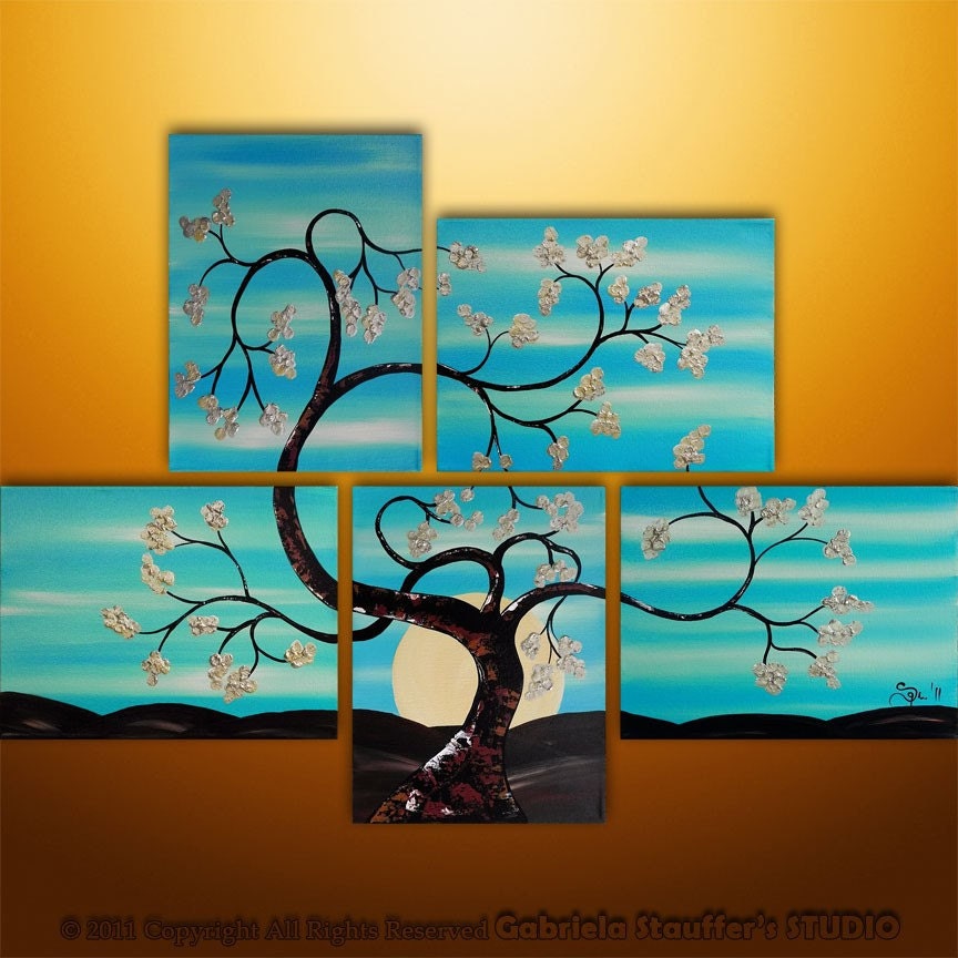 CUSTOM PAINTING Abstract Modern Landscape Tree Asian Zen Art by Gabriela 44x32 aqua green