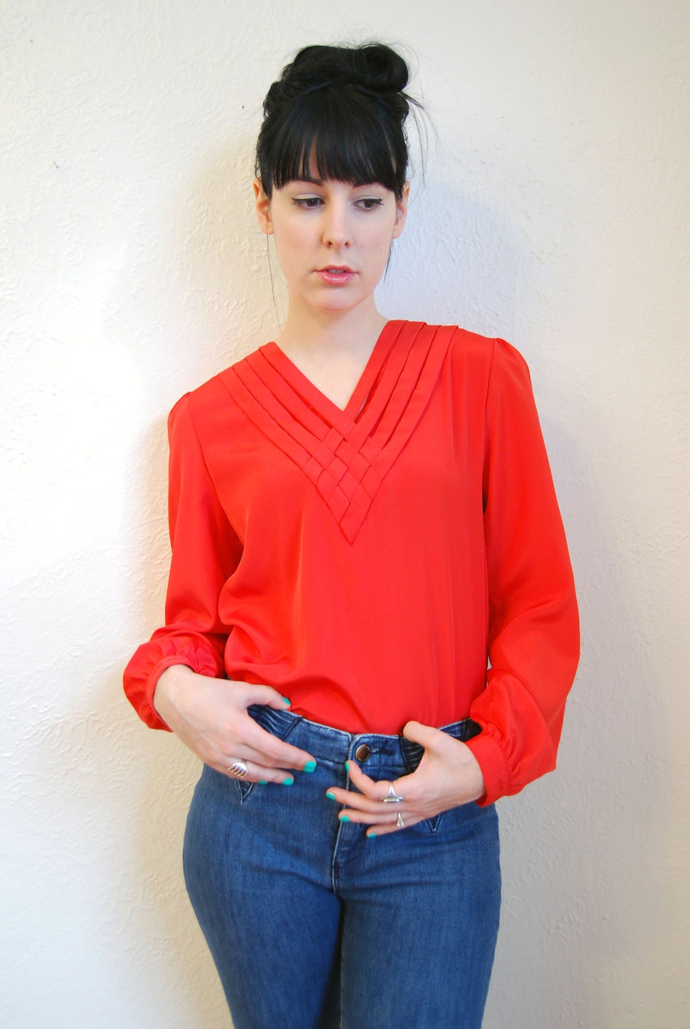 vintage 1980s / red blouse / V neck / silky / weaved collar / S-M