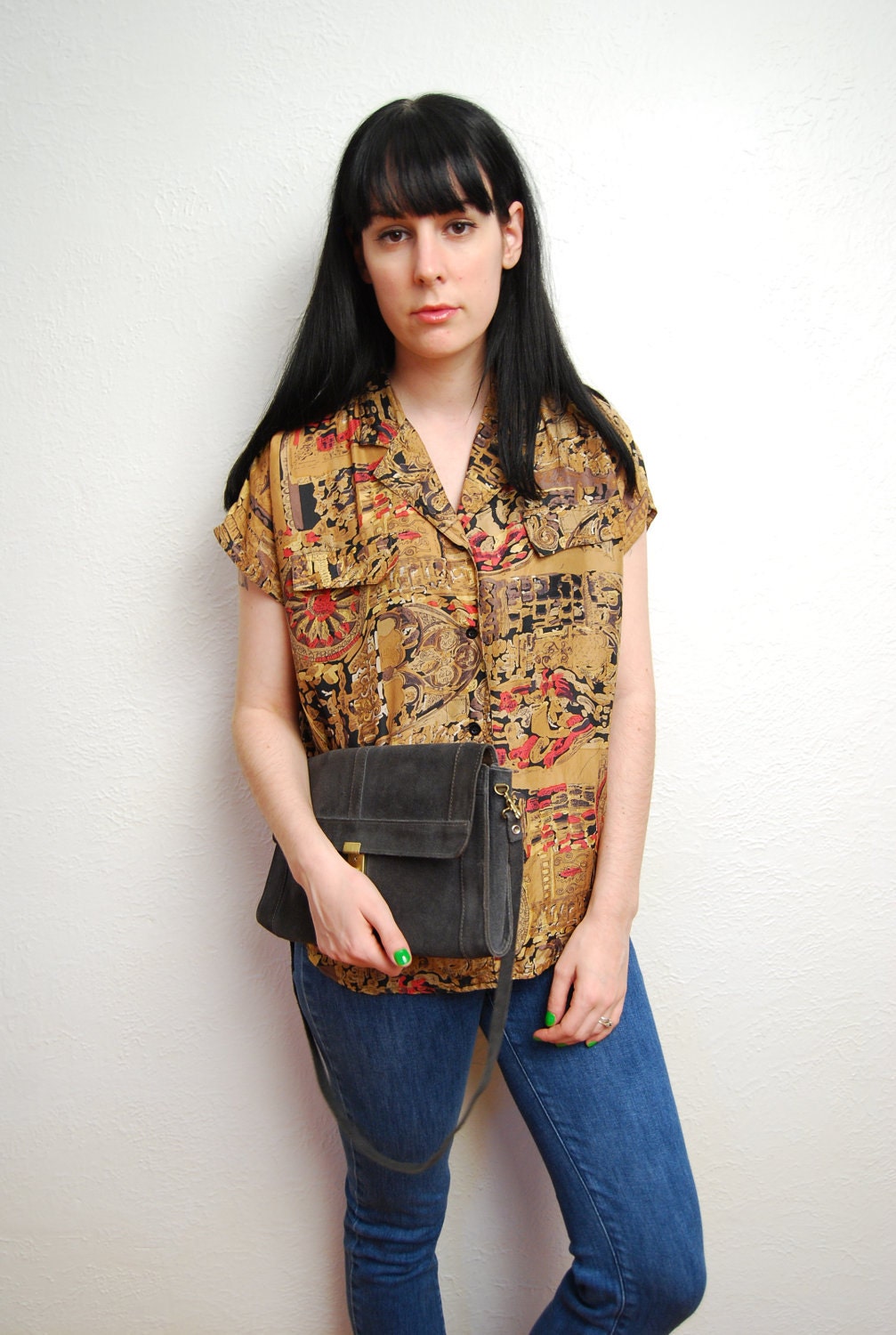 vintage 1980s / abstract print / silk / blouse / over size / neutral / short sleeves