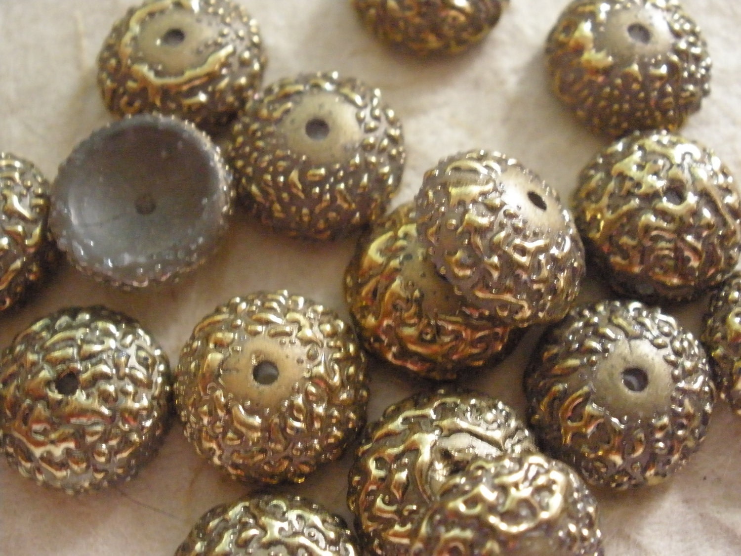 Vintage Glass Beads (2) Acorn Top or Bead Cap Gold Beads