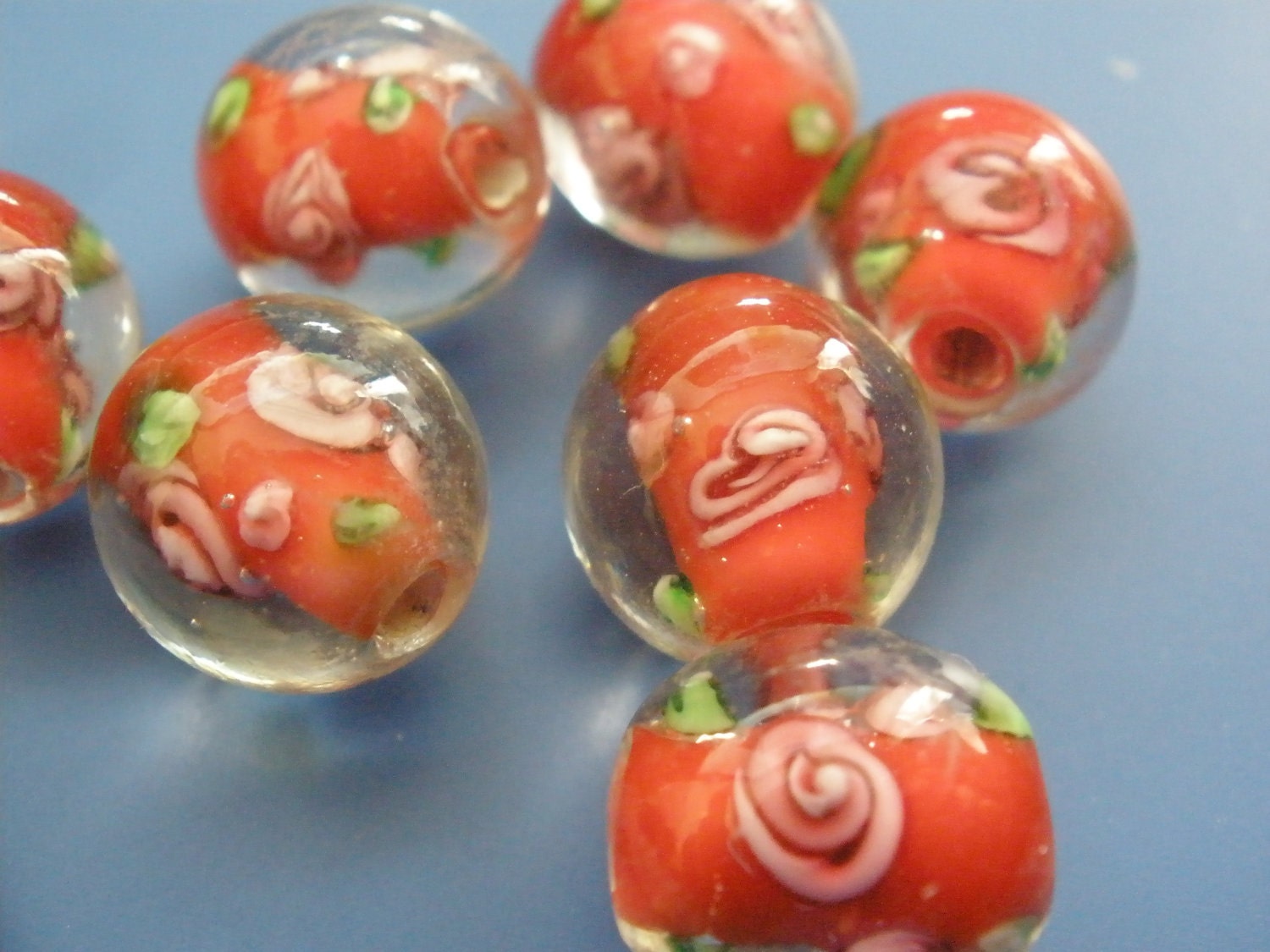 Vintage Glass Beads (4) Roses Red Handmade Beads