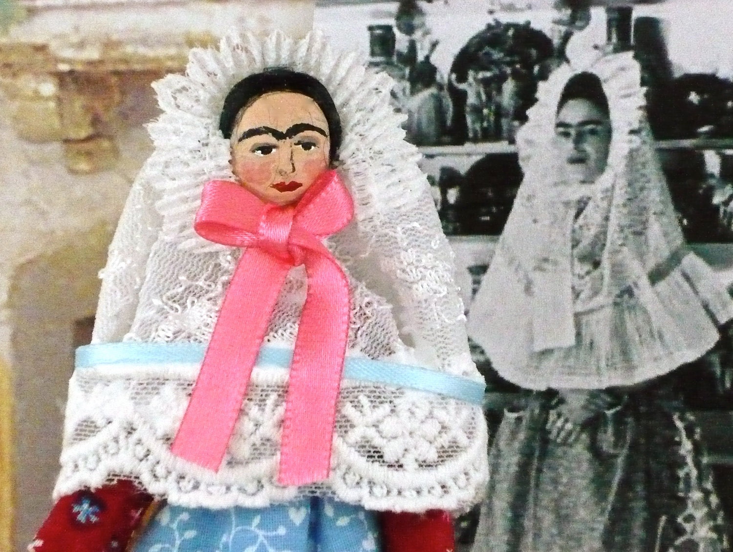 Frida Kahlo Doll Miniature Art In Lace Veil