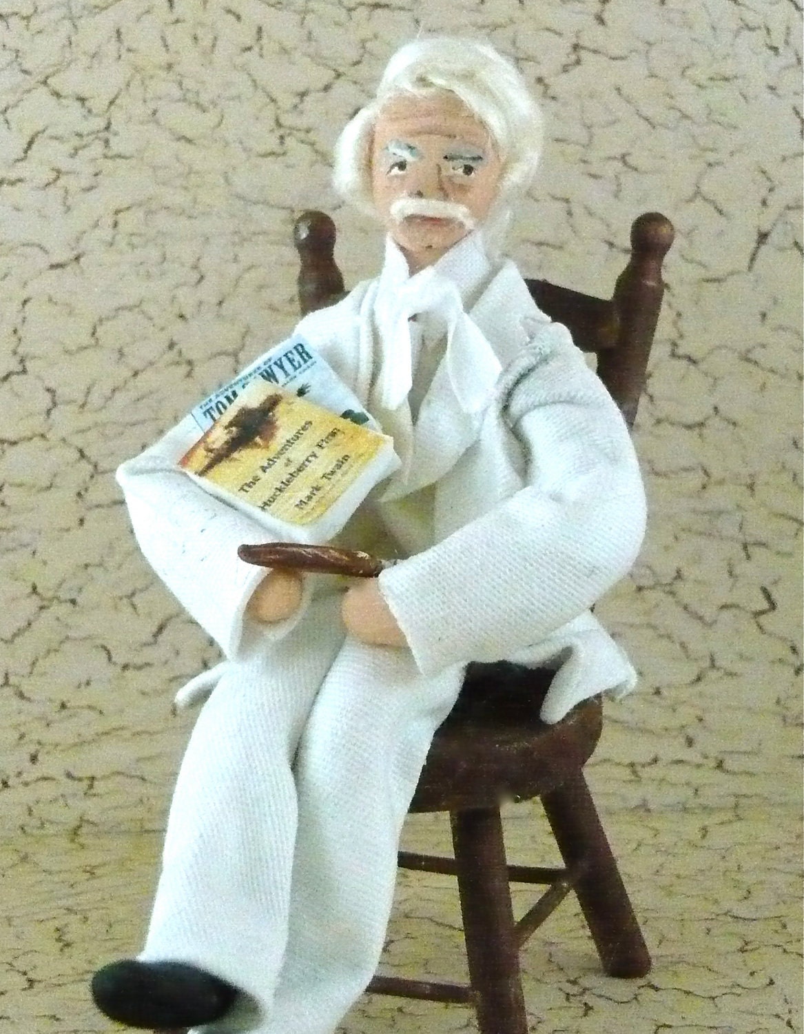 Mark Twain Doll Wooden Character Sitting in a Chair