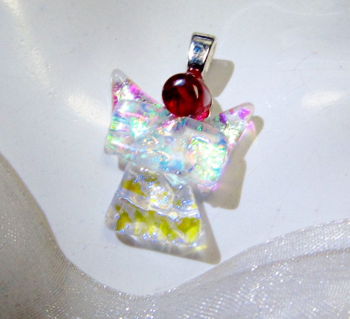 Dichroic Glass Jewelry Pink and Yellow Guardian Angel Pendant Fused Necklace