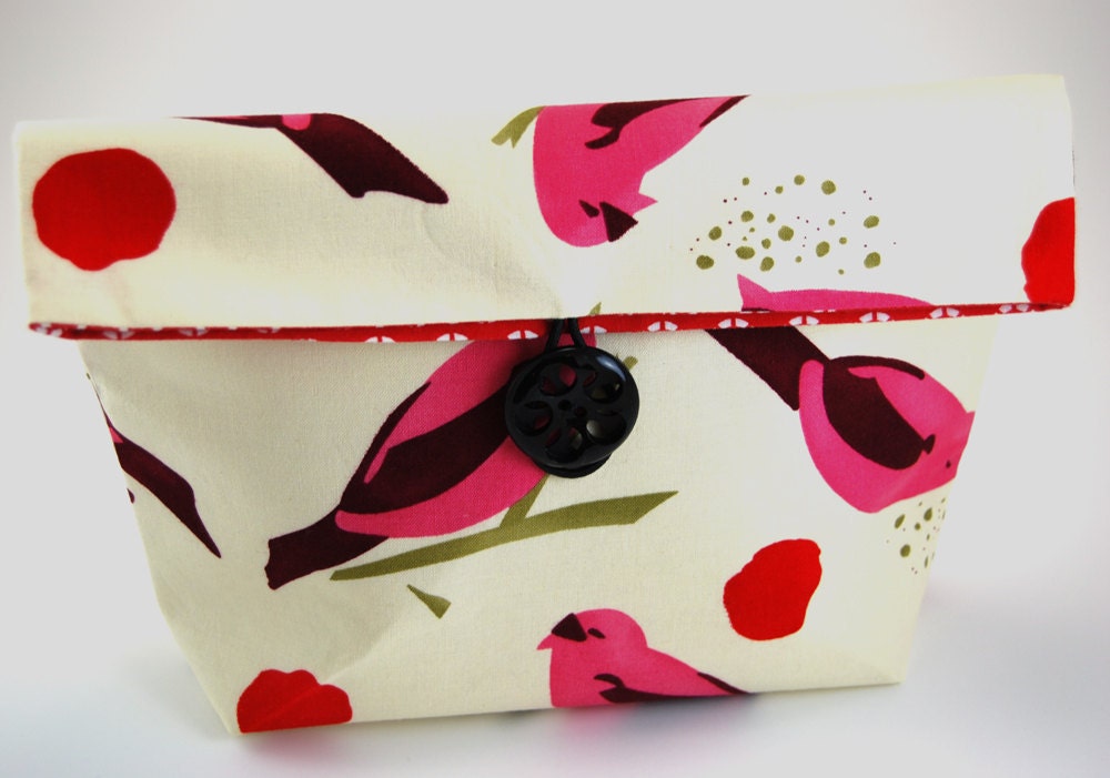 Fabric Makeup Bag, Cosmetic Bag, Lingerie Bag, Travel Bag, Make up Bag, Pink Birds