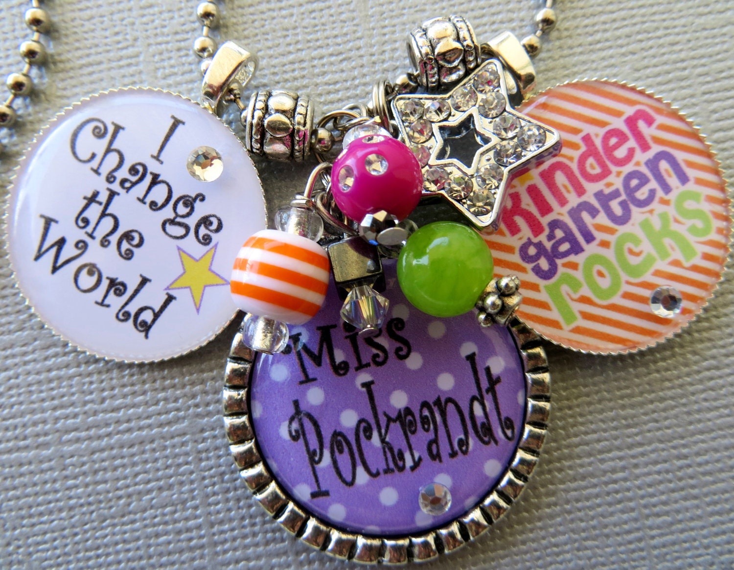 Personalized Name Teacher Gift Grade Rocks and I change the world pendant - rhinestone star charm, inspirational quote, teacher appreciation