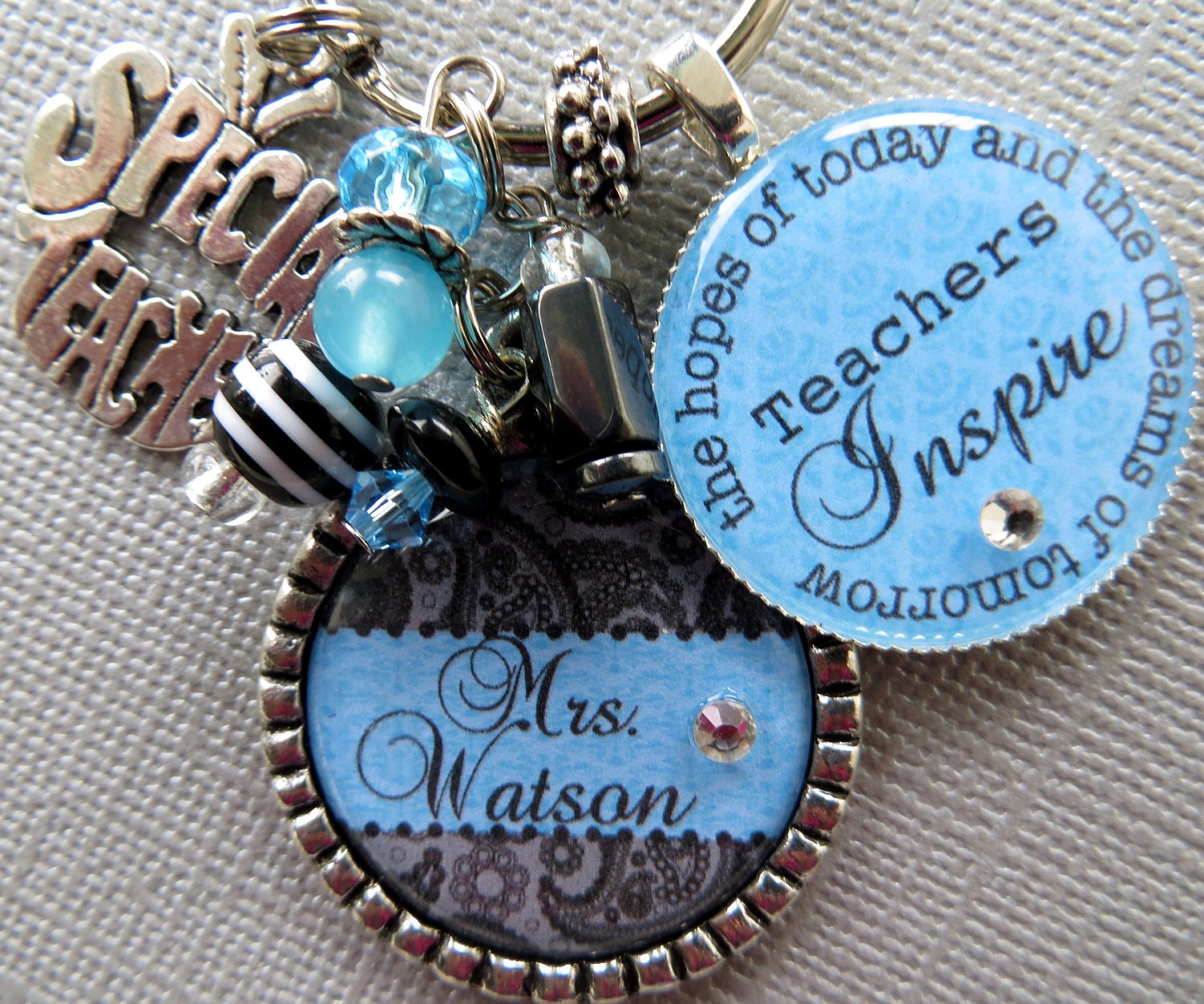 Teacher Gift PERSONALIZED Name Silver Pendant Keychain  -  Inspire,  Inspiration, Special Teacher, Thank you gift, Teacher Appreciation