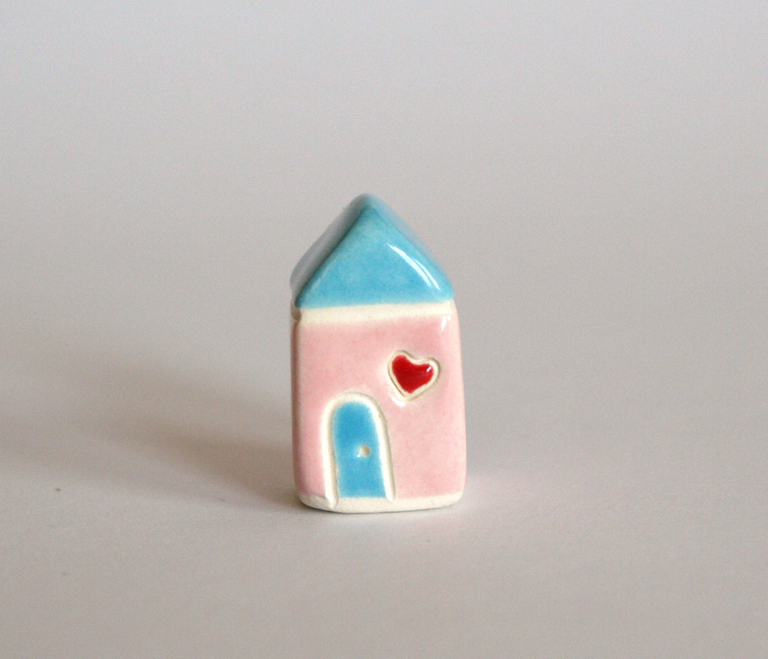 Tiny Heart Cottage  - Pink Blue red - miniature little clay house - thelittlereddoor