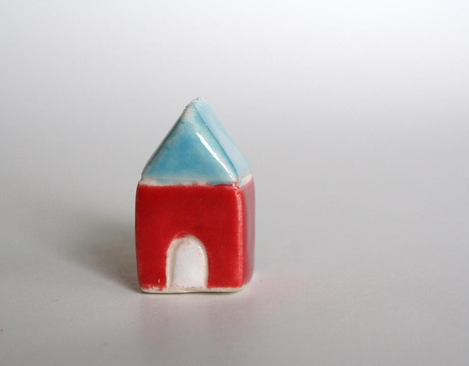 Little White Door Miniature Clay House -  aqua red