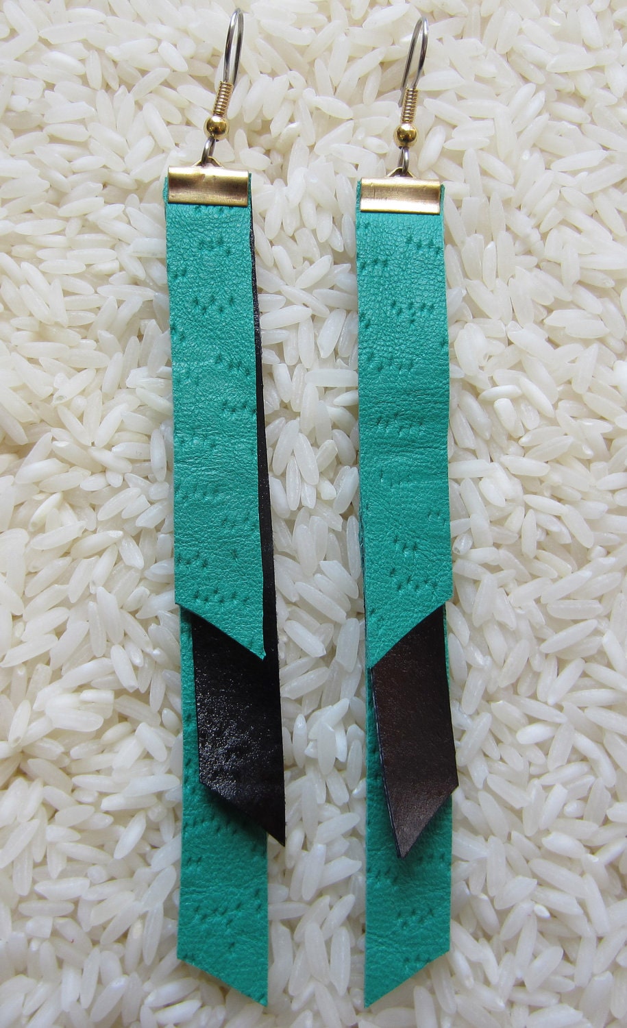 Leather Streamer Earrings Green and Black