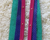 Leather Streamer Earrings Pink Stud with Green and Purple
