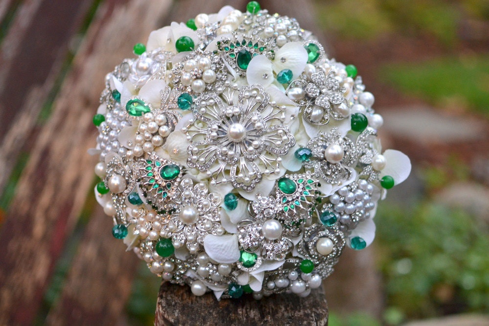 Emerald and pearl jewel encrusted bouquet -- deposit on a made to order brooch wedding bridal bouquet