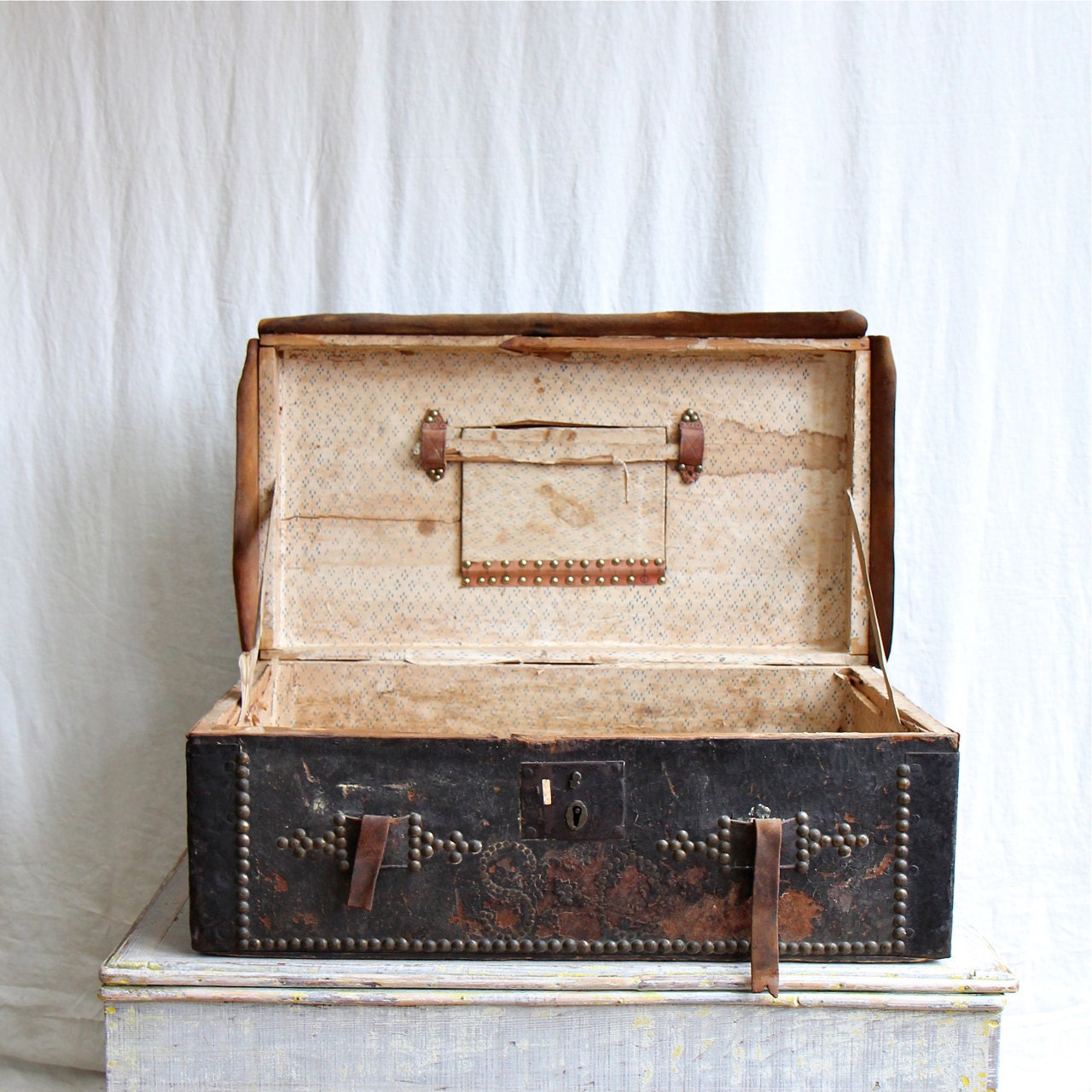 Antique Monogrammed Leather Stagecoach Trunk - 1800's