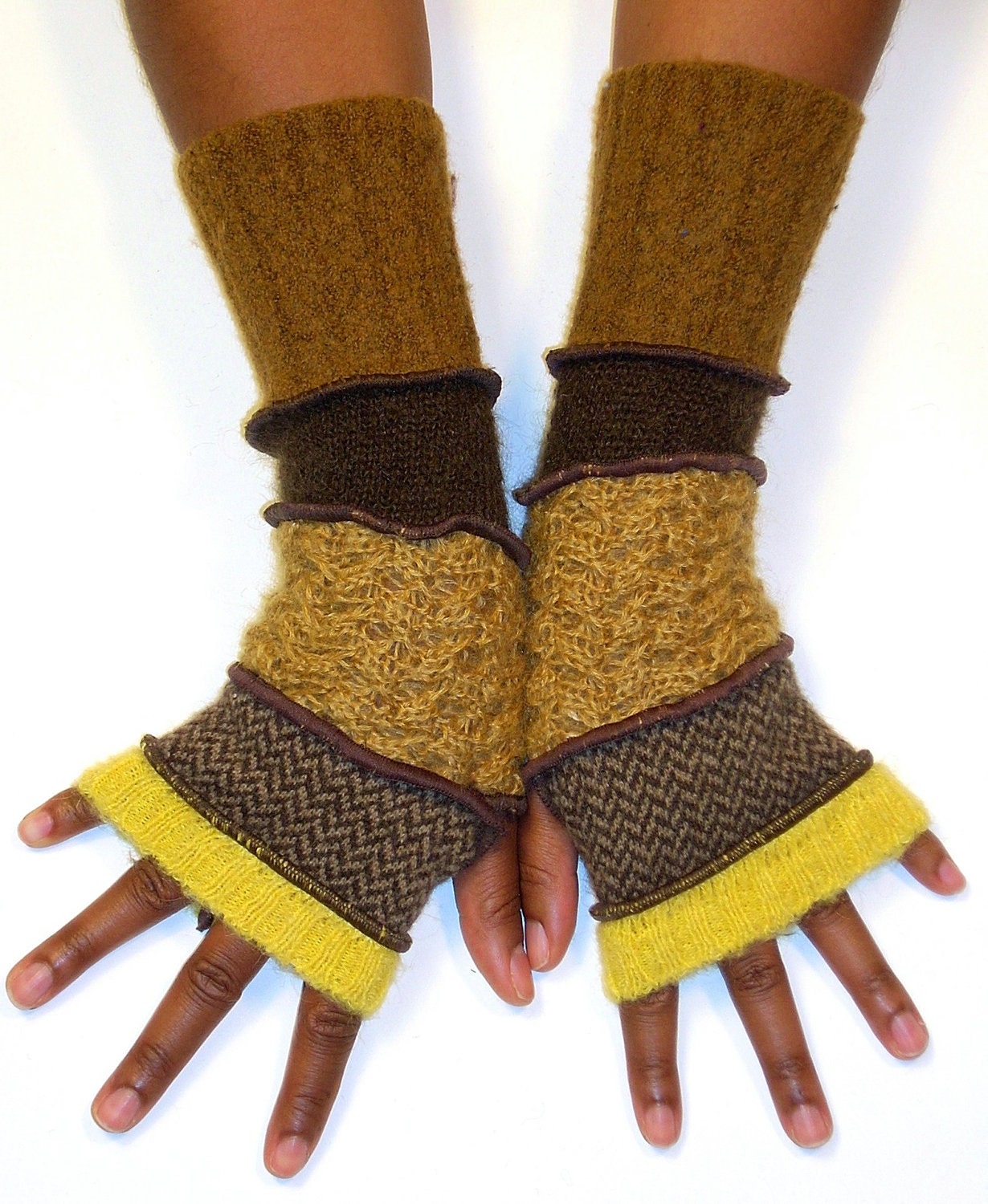 Arm Warmers, Fingerless Gloves, Brown and Gold ( Yellow, Brown and Tan Herringbone, Gold Mohair, Brown, Raw Sienna)