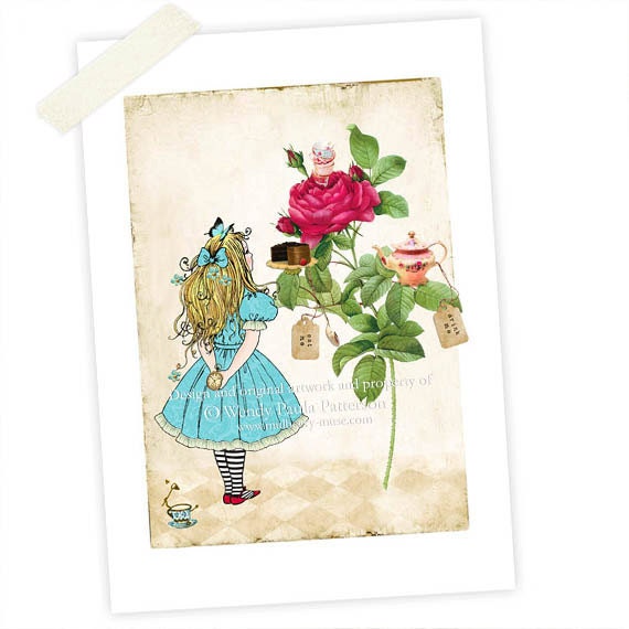 Alice in Wonderland, Art Print, Nursery Art, Giclee,Tea Party, Eat Me, Drink Me, Illustration, Poster