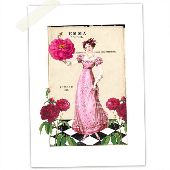 Jane Austen, Emma, Regency, Art print, Giclee, Red Roses, A Novel, Bee, Digital Collage Print