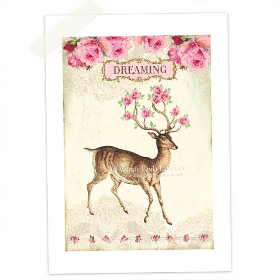 Deer, Art Print, Woodland, Giclee, Pink Roses, Dreaming, Lace, Shabby Chic, Collage Art
