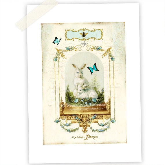 Victorian bell jar, cloche, Art print, Giclee, Bunny Rabbit, Woodland, French, Terrarium, Bee, White Rabbit,  Easter
