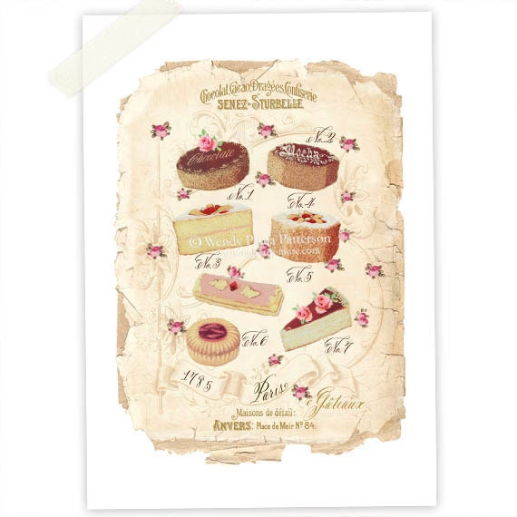 French Cakes Kitchen Art, Art print, Giclee, Illustration, Patisserie, Vintage Cake, Marie Antoinette, Pink Roses, Collage