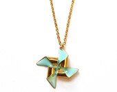 Pinwheel necklace - gold - mint - windmill necklace