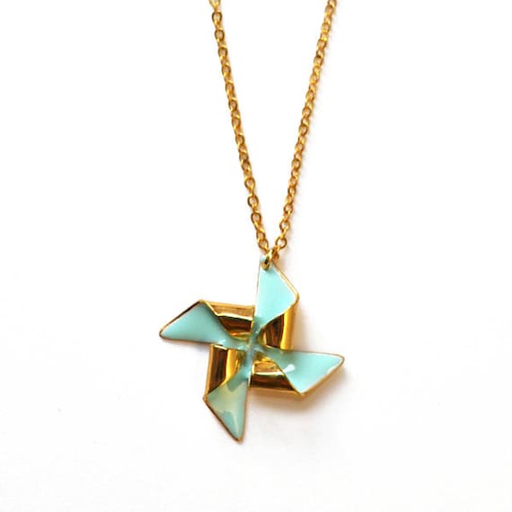 Pinwheel necklace - gold - mint - windmill necklace