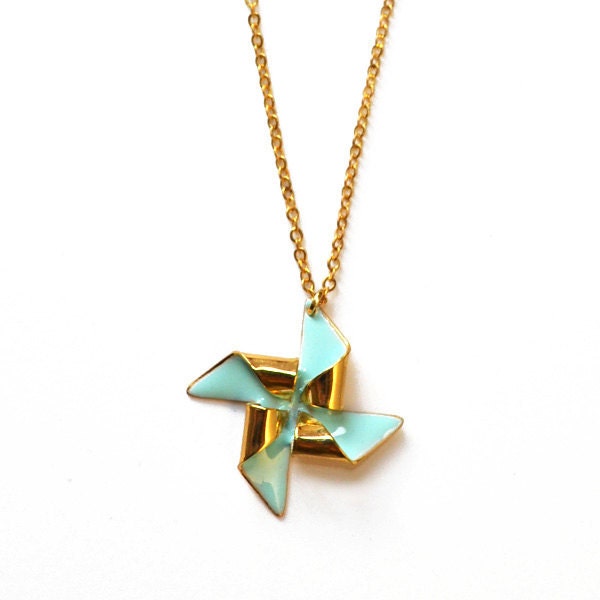 Pinwheel necklace - gold - mint - windmill necklace