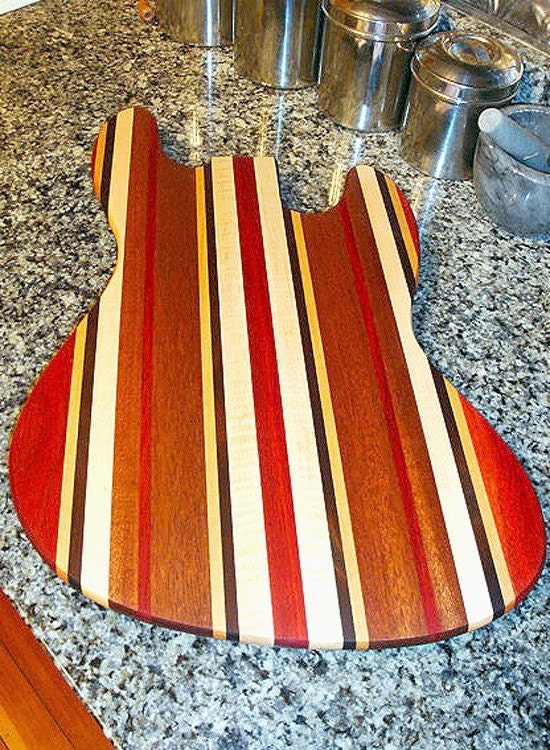 Handmade Wood Jazzy Bass Guitar Cutting Board - Cherry, Bloodwood,  & Curly Maple