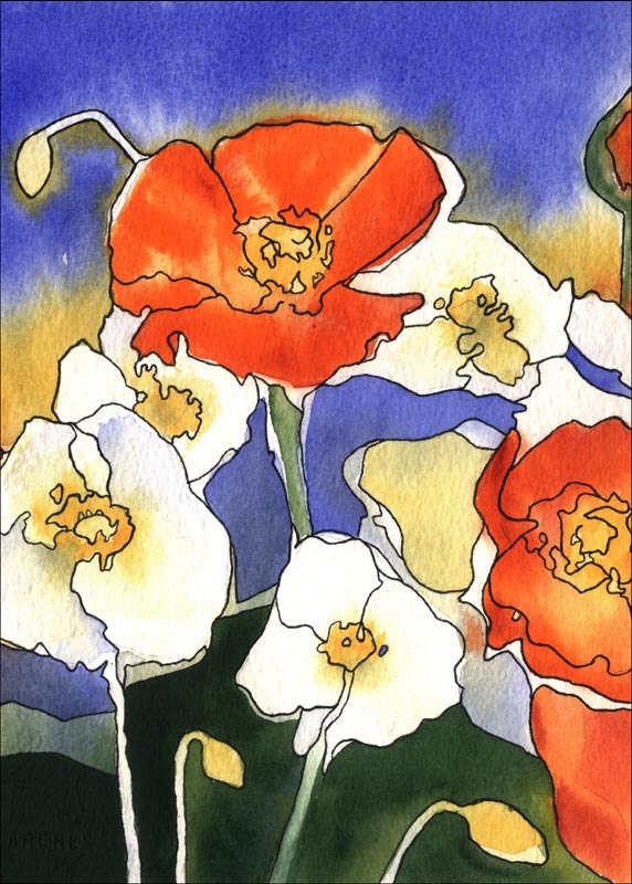 Poppy Watercolor Print - orange and white poppy art -  Poppy Love - 5x7