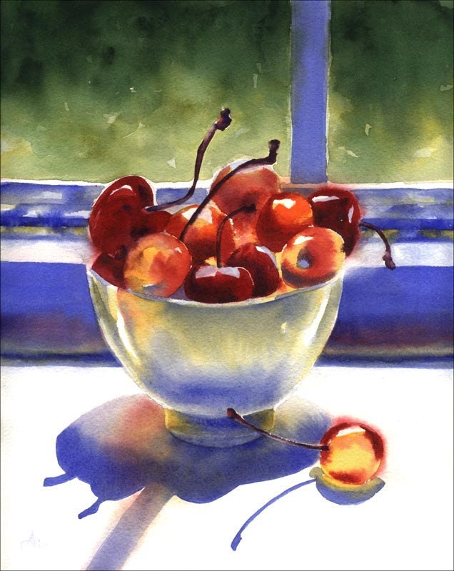 Watercolor Cherries Print - Red Cherry Bowl Painting